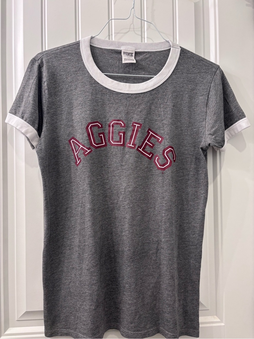 PINK Victoria's Secret Grey and White Aggies Ringer Tee